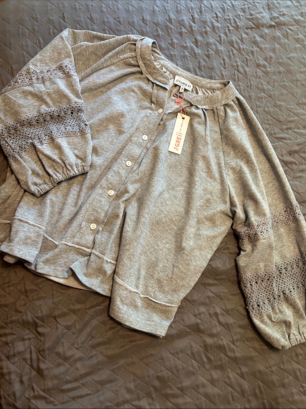 Grey Crochet Sleeve Button-Front Top Sz L